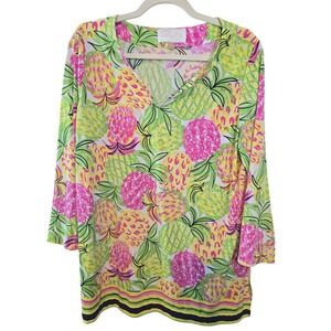 Cappagallo Pineapple Print Tunic Top Long Sleeve V Neck Womens Size L